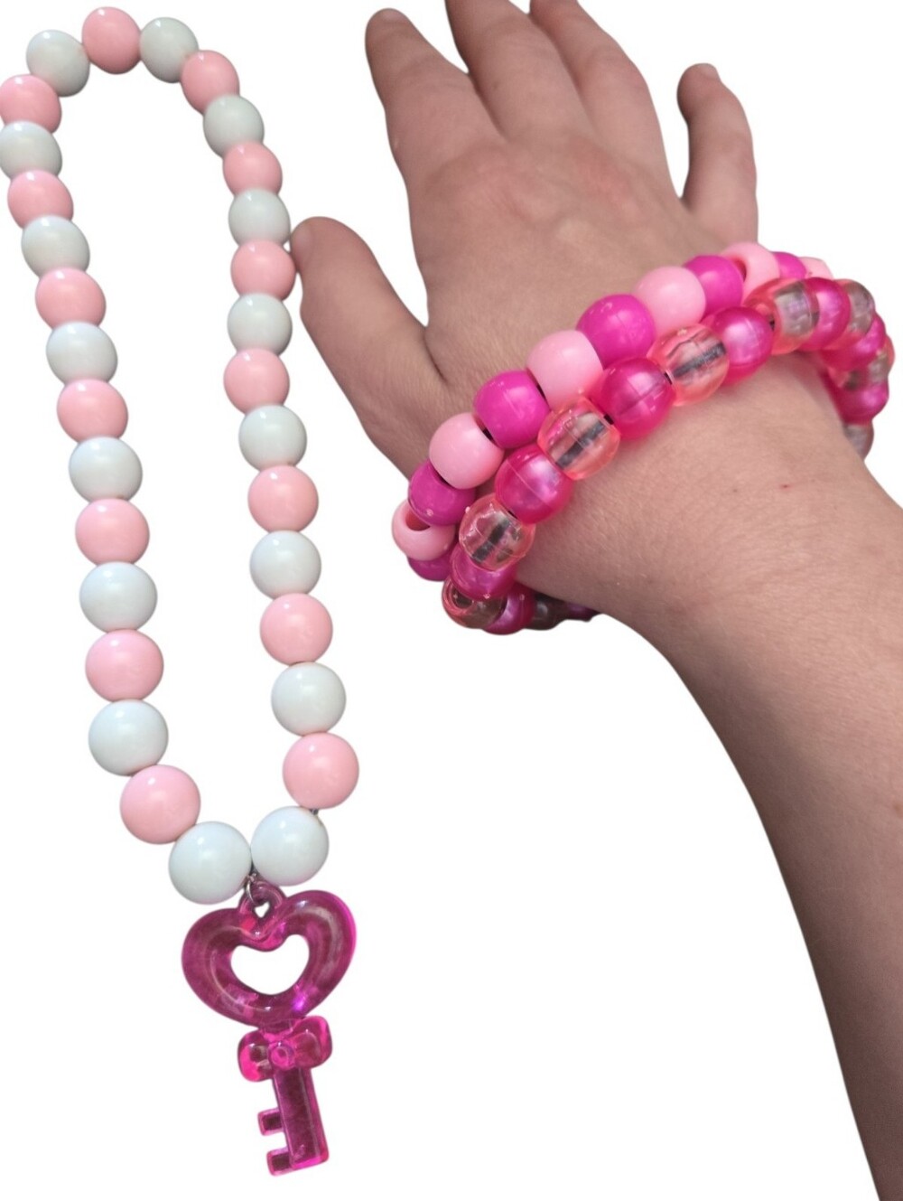 Pink Key Necklace + 2 Bracelets (Handmade)